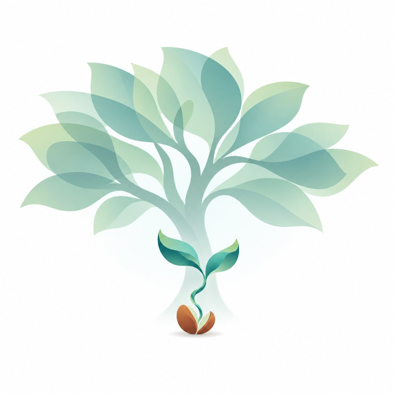 A small abstract seedling at the base of a larger, softly faded mint and teal tree silhouette